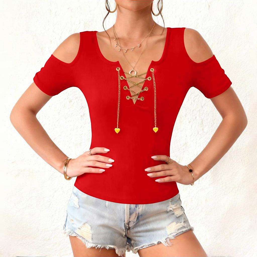 Womens Spring Tops Lace Up Cold Shoulder Design Summer Shirts for Women Casual Short Sleeve Womens Summer Shirts
