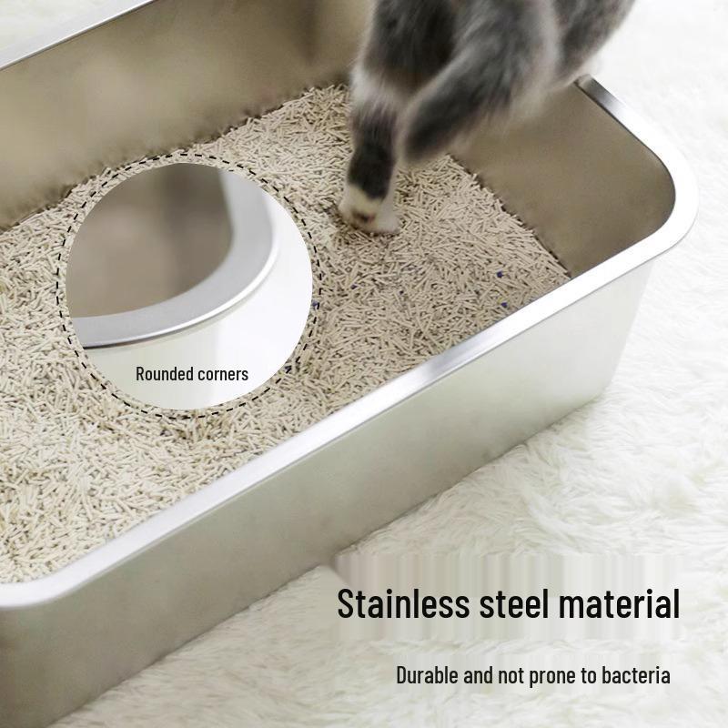 Cutie de litieră extra mare din oțel inoxidabil cu partea superioară deschisă - Anti-stropire, semi-închisă, ridicată, rezistentă la mirosuri.