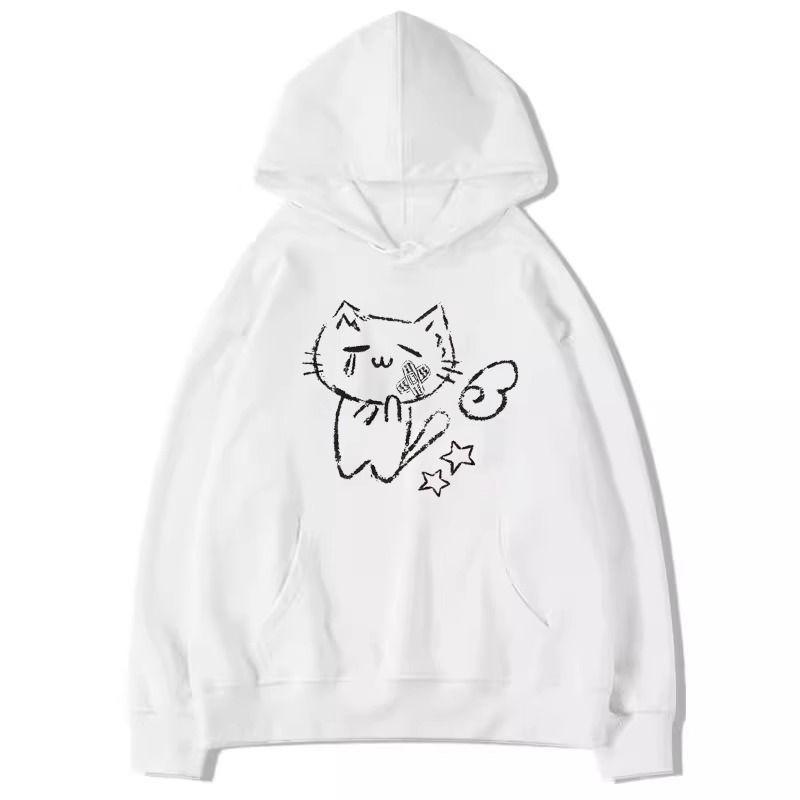 

Винтажная опрятная кавайная толстовка с капюшоном с рисунком, мультяшные пуловеры, свободные джемперы в стиле гранж в стиле Харадзюку, эстетика 2000 года, женская белая вязаная толстовка с капюшоном XL белый