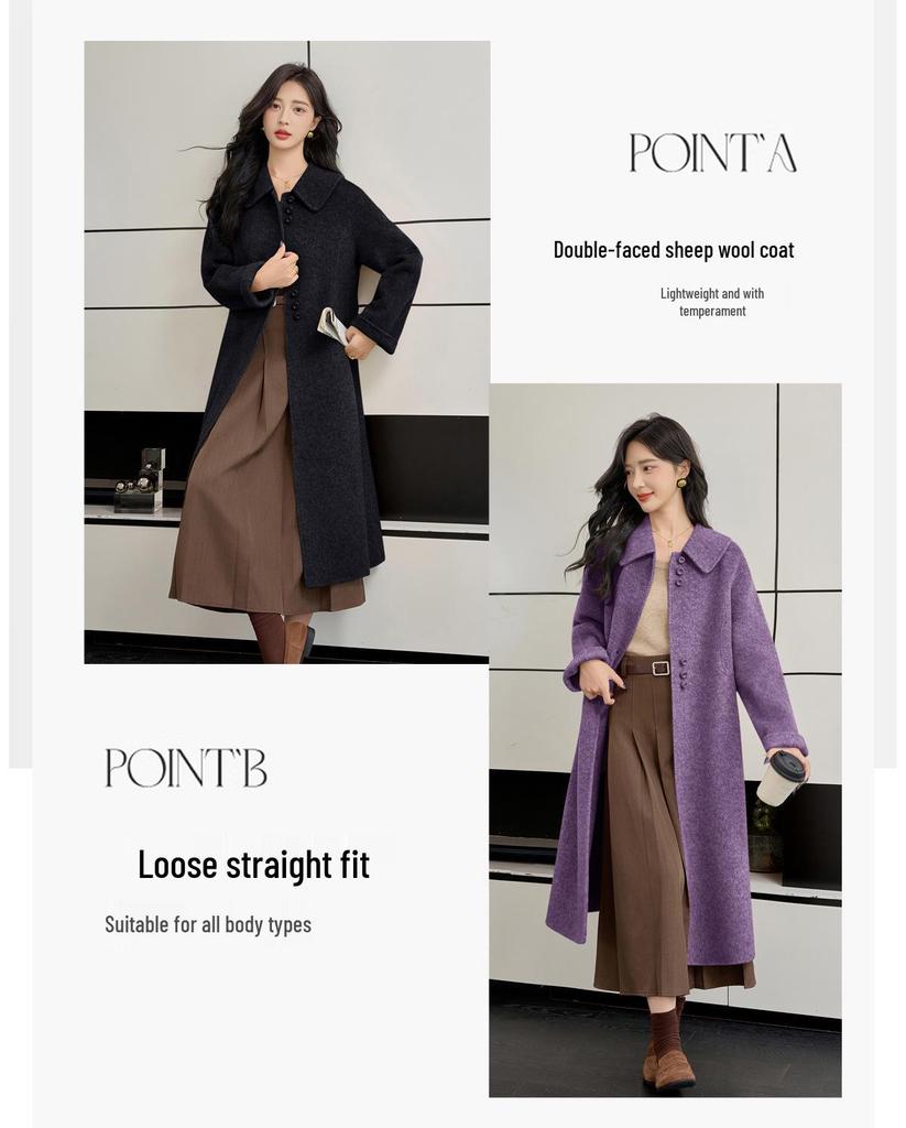 2025 Autumn/Winter Korean A-Line Cashmere Wool Overcoat with Doll Collar - Loose, Plus Size Fashion.