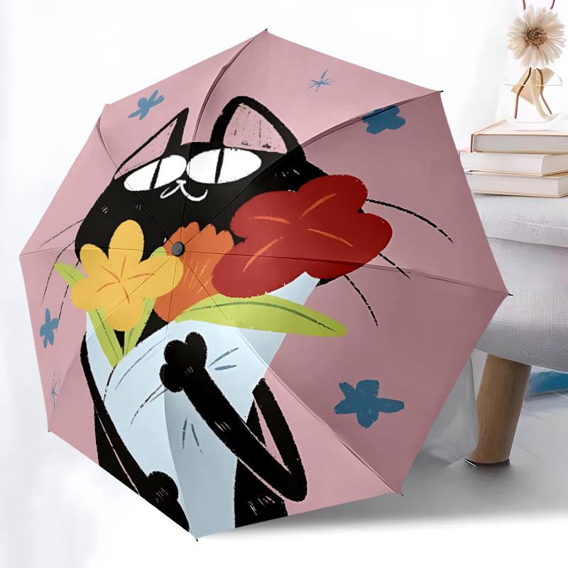 1pc Flower Cat Automatic Folding Umbrella Portable Collapsible 8-Rib Umbrella for All Seasons, Casual Outdoor Accessory, B36