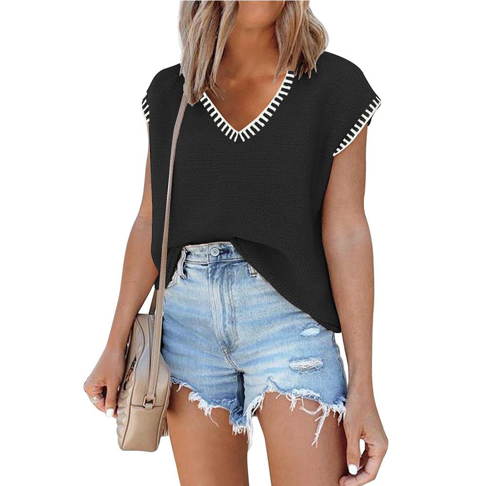 Women V‑Neck Cap Sleeve Knit Sweater Vest Contrast Color Loose Pullover Sleeveless Knit Top For Spring 2025