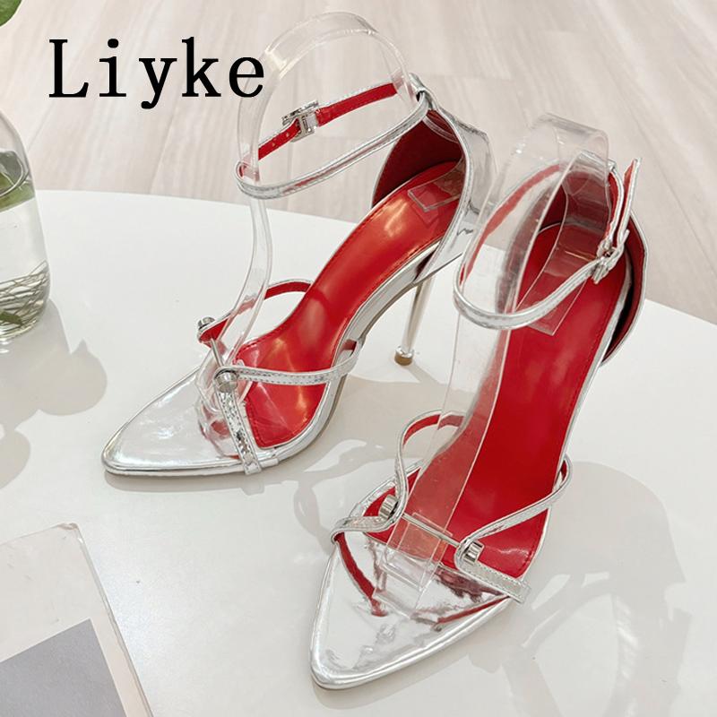

Fashion Liyke Fashion Design Metal Decoration Narrow Band Women Sandal High Heels Sexy Pointed Open Toe Wedding Banquet Shoes Size 35-41 35 серебряный