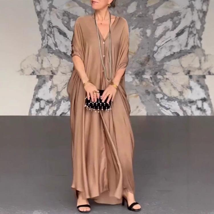 Women's V-neck Batwing-sleeve Satin Loose-fitting Casual Straight-cut Plain-coloured Dress
