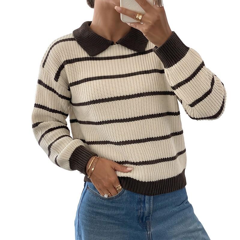 Womens Striped Contrast Color Collar Sweater Loose Casual Long Sleeve Knit Top