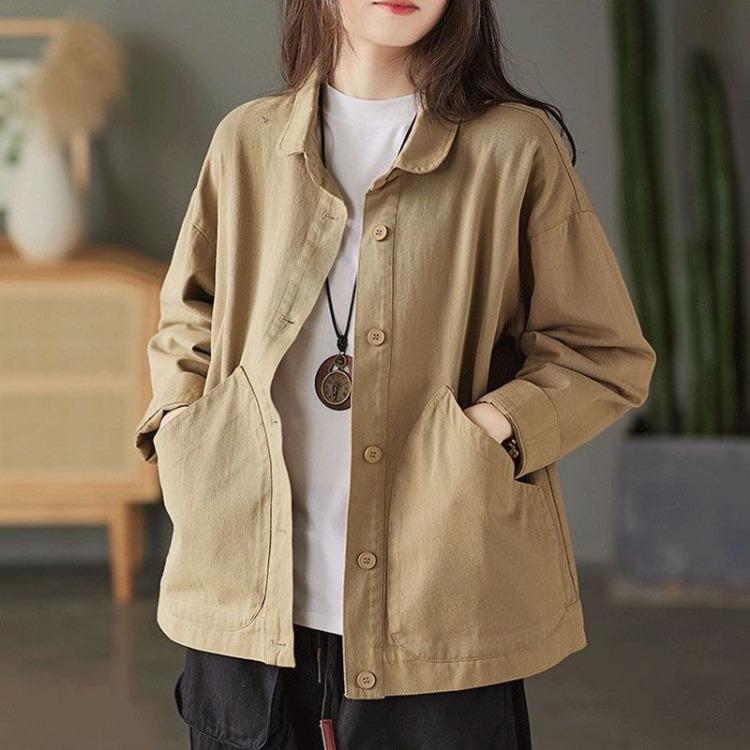 Women's Retro Art Loose Cotton Shirt Coat Simple Design Solid Pocket Single Breasted Twill Versatile Spring Autumn