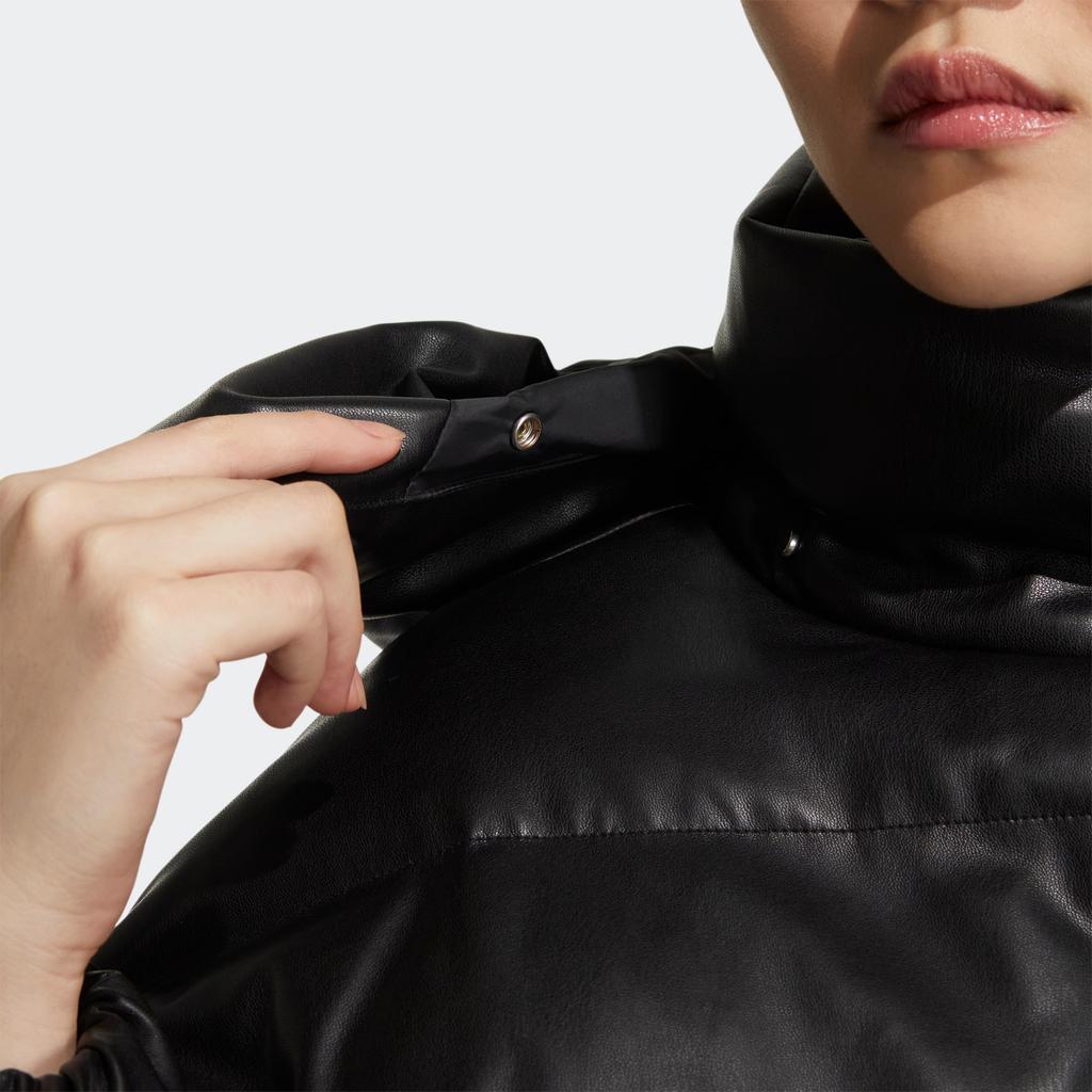 Adidas Jaqueta Originals Clover FW22 Down com logotipo da marca bordado e design de capuz de abotoamento único de cor sólida, agasalho feminino preto HS9526