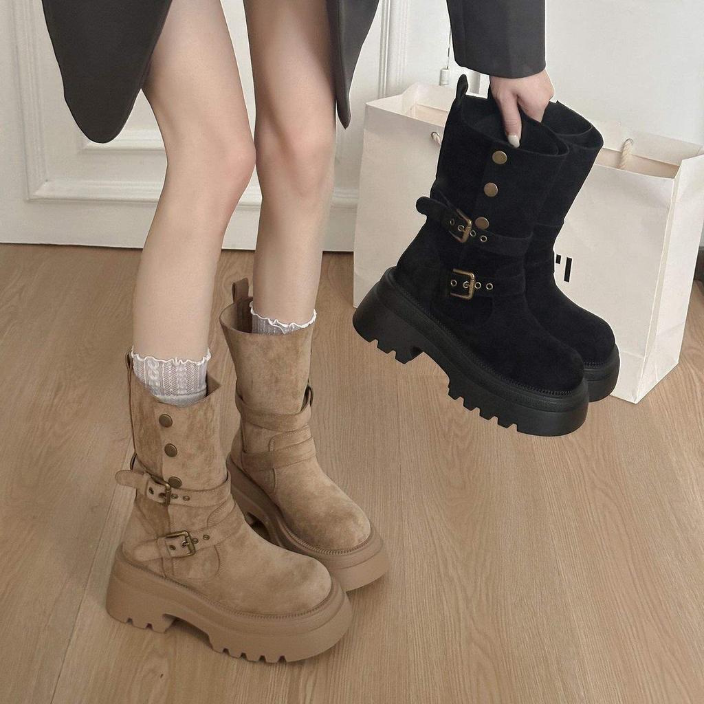 British Style Platform Heightening Martin Boots Women's New Small Slim Medium Tube Knight Short Boots In Autumn and Winter 2025