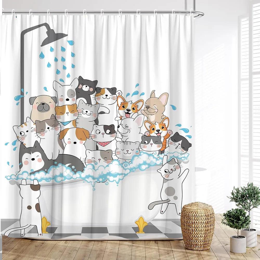 Cartoon Animal Shower Curtain with Funny Cat and Dog Paws Cute Kids Shower Print Family Bathroom Decoration with Hooks