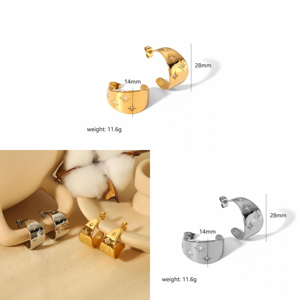 No Ip Category Stainless Steel Star Shaped Earrings With Cubic Zirconia For Women
