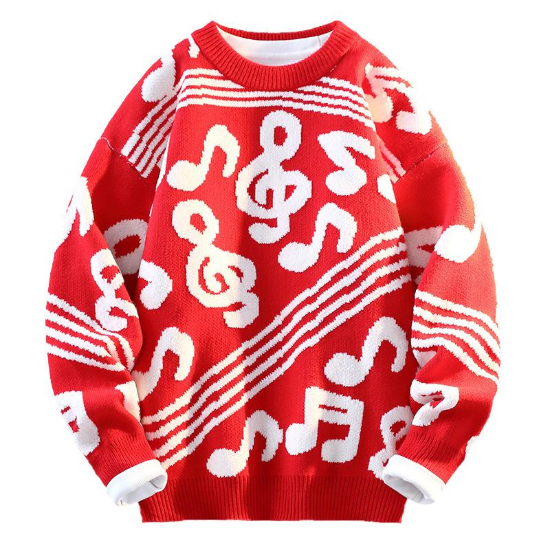 Hot Selling Fashion Music Towel Embroidered Jacquard Loose Sweater Comfortable Couple Knitwear