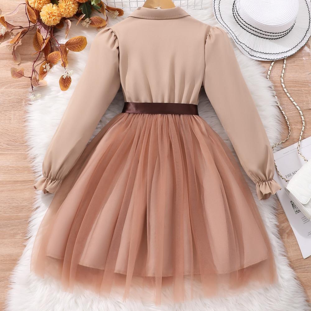 Girls' Long-Sleeved Dress, 7-12 Years Lace Collar Solid Colour Mesh Dress with Knitted Waistband