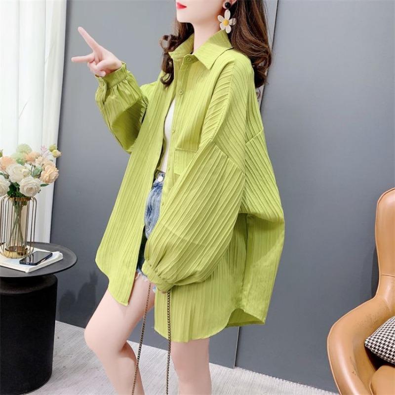 Women Casual Loose Thin Breathable Striped Long Sleeve Sunscreen Shirt Blouse