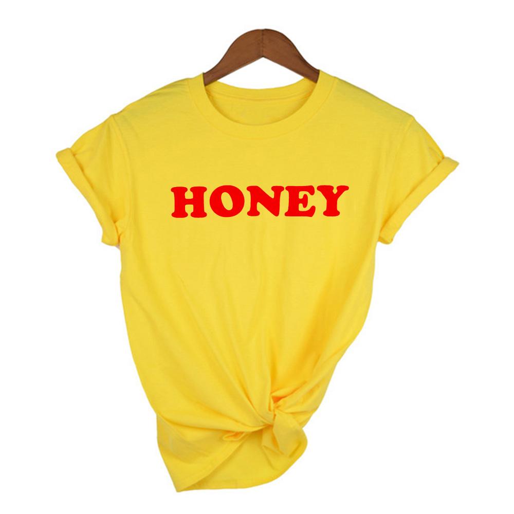 Honey Letter Print T Shirt Women Summer Clothes Short Sleeve O Neck Yellow Tshirt Tee