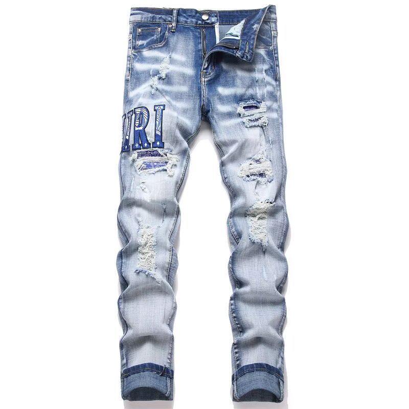Punk Retro Blue Ripped Slim Fit Printed Men's Jeans