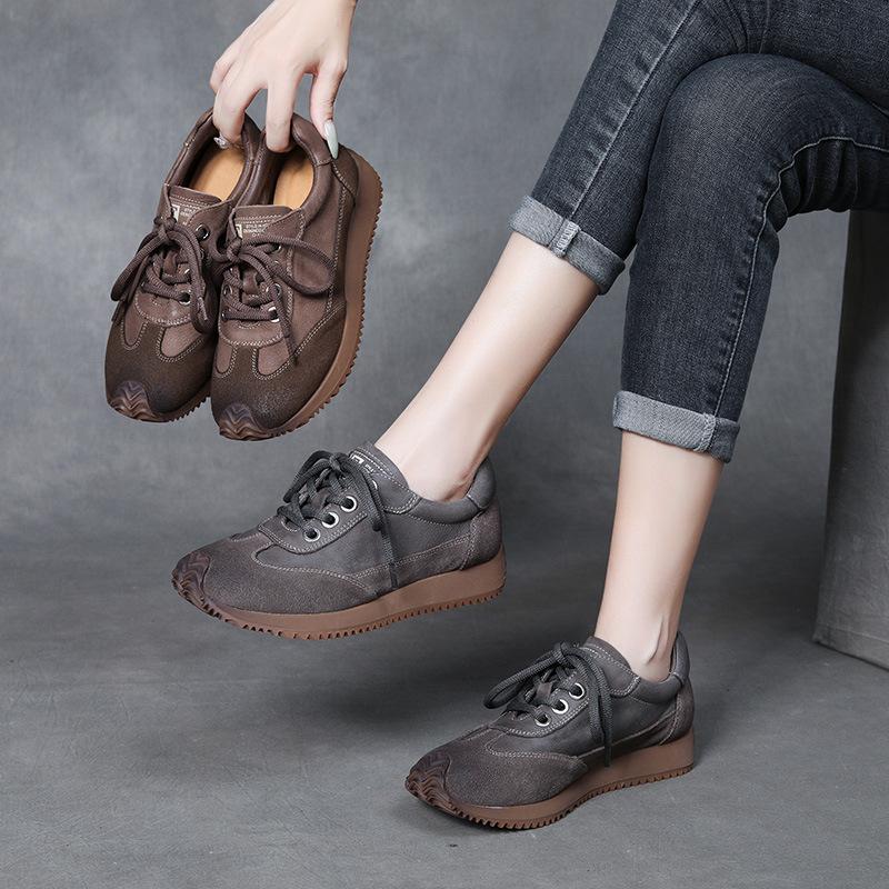 British Style Lace-up Women Genuine Leather Sneakers Flat Thick Sole Travel Shoes 2026 New Casual Sneakers Trendy Shoes