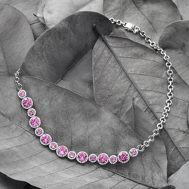 22646 Women's Pink/Light A New Round Zircon Tennis Necklace, Sweet Luxury, Niche Luxury, Popular