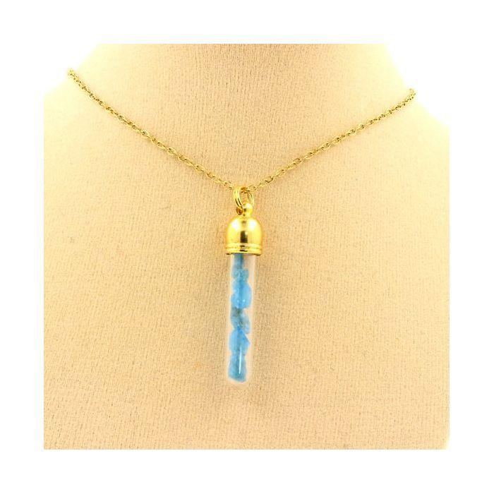 Pierres et Minéraux. Collier Apatite bleu neon brut. Modèle tube. Couleur Or.
