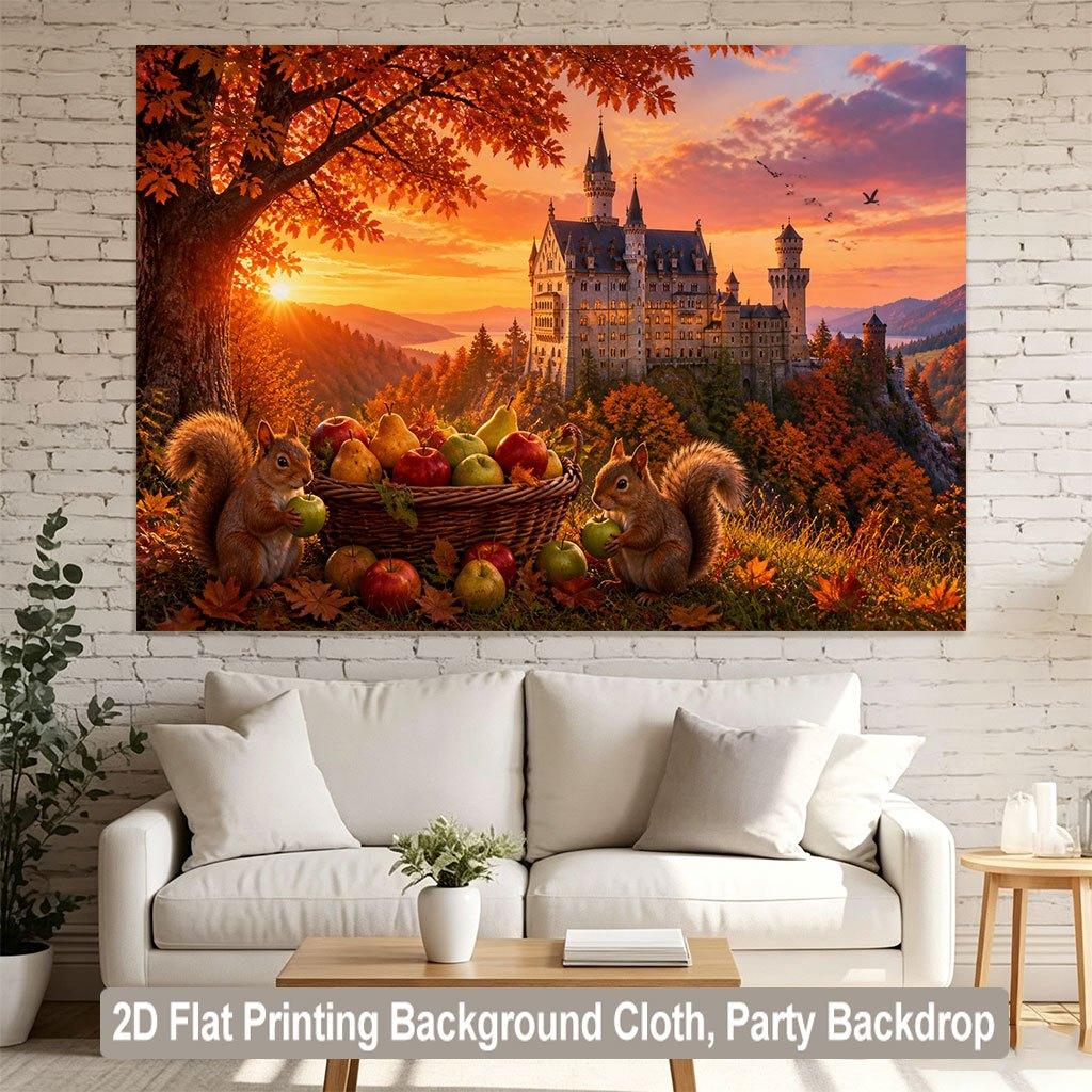 2D Flat Design, 1 Piece, Forest Clearing At Dusk, Castle and Small Animal Background Fabric. Suitable for Families and Gardens.