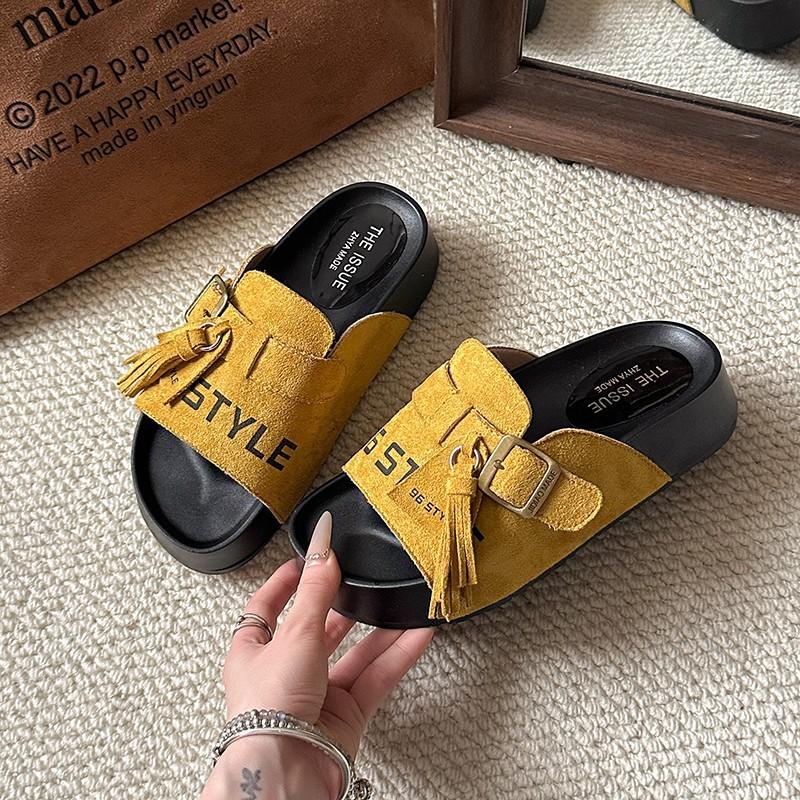 Internet celebrities with the same 2025 spring and summer trend explosion half drag versatile one pedal tassel casual lazy fish mouth slippers