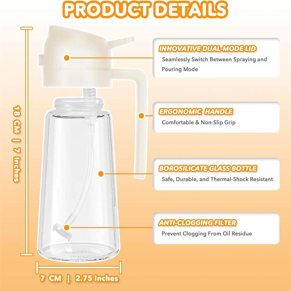 2-in-1 Glass Oil Dispenser and Sprayer , Oil Sprayer Bottle Air for Fryer, BBQ, Salad,17oz/470ML Glass Oil Sprayer for Cooking