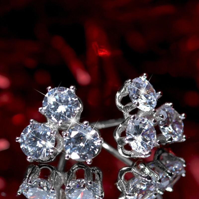 Triple Round Brilliant Cut Cubic Zirconia Flower Cluster Earrings Open Metal Frame Silver Stud Elegant Banquet Ladies Accessories