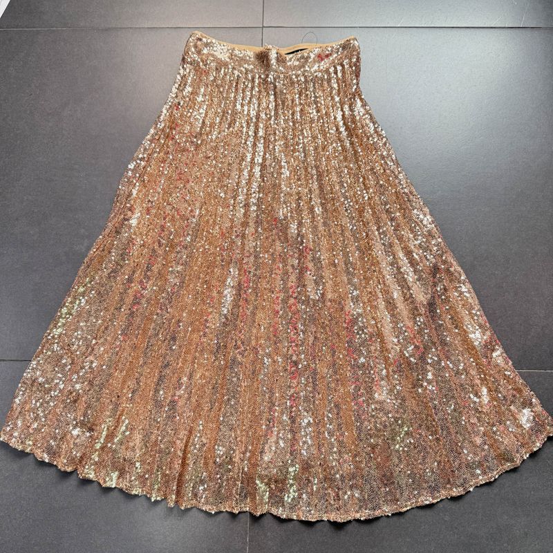 Foreign Trade Order Lulus Gold Sequined A Word Hem Pleat Pleated Skirt Temperament Heavy Industry Skirt Sequined Skirt