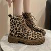 Women's Leopard Print Boots, Side Zip Comfortable Thick Bottom Flat Boots, Winter Round Toe Short Boots