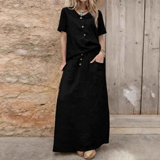 Women's 2 Piece Skirt Set Cotton Linen Short Sleeve Top And Maxi Skirt Matching Sets Summer Casual Vacation Outfits with Pockets