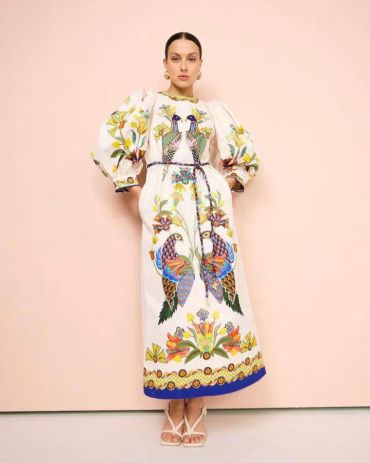 

2023 Puff Sleeve Loose Casual Tie Split Dress XL грязно-белый