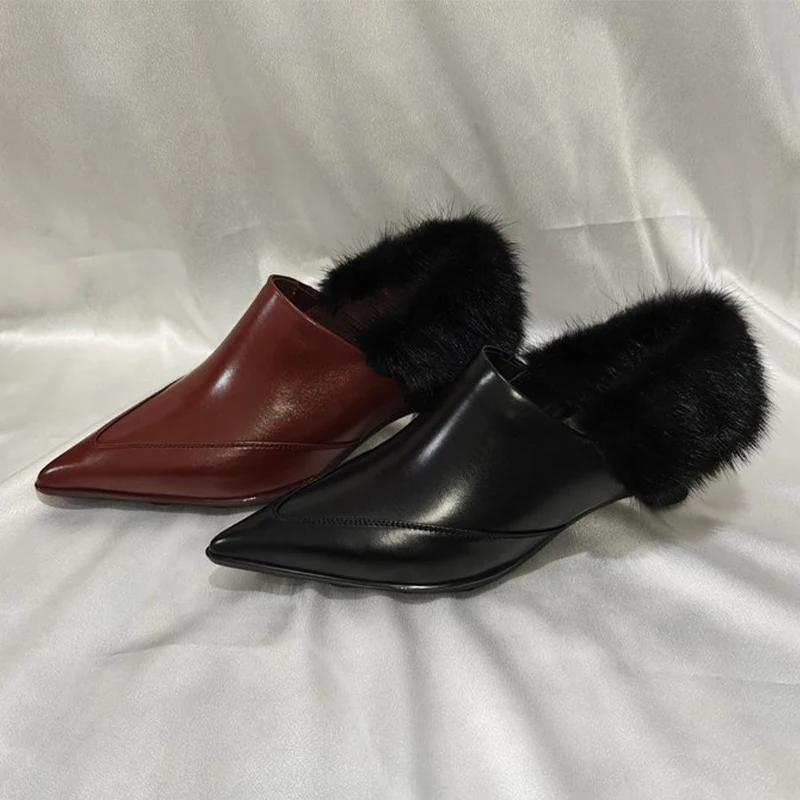 Kožešina pro ženy Luxusní boty na podpatku Špičatá špička Módní společenské lodičky Podzim Elegantní Nové kozačky Žena Sexy Designér Mujer Zapatillas