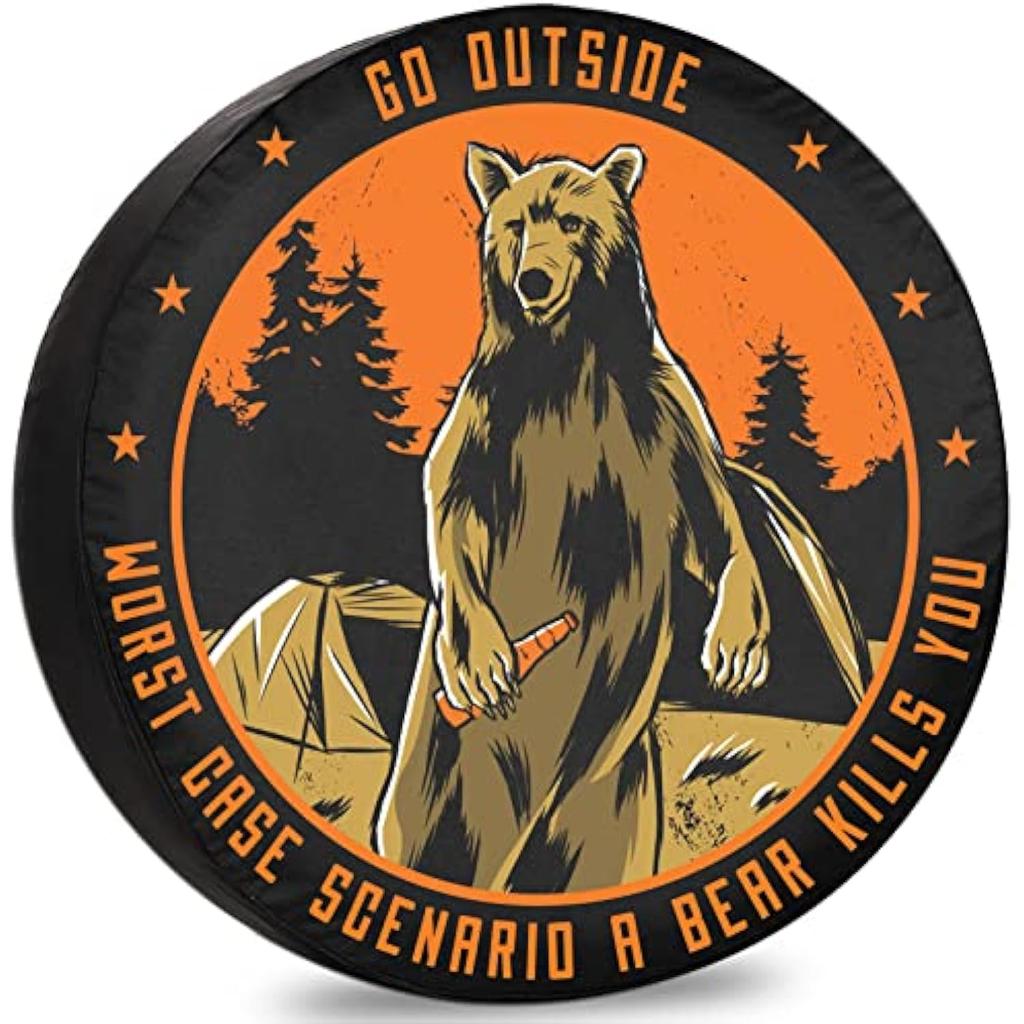 Bear Camping Beer Go Outside Forest Spare Tire Cover Polyester Weatherproof RV Accessory