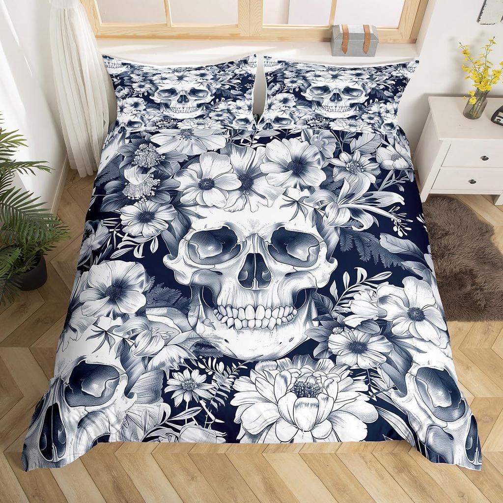 Sugar Skull Duvet Cover King, 3D Skull Bedding Set for Boys Girls, Bones Skeleton Blue Roses Comforter Cover with Pillowcases