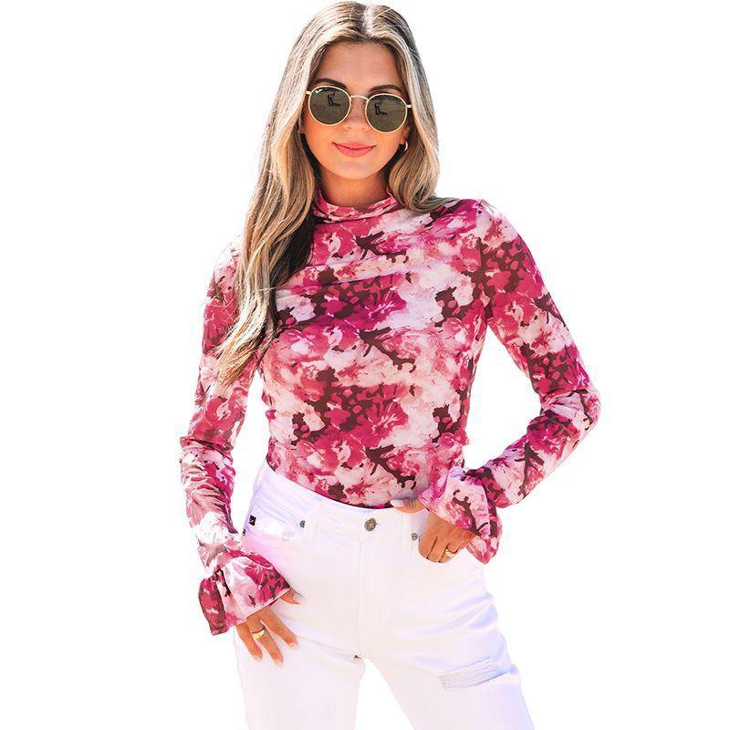 

American Shiying Early Spring New Arrival Florals Print Turtleneck Chiffon Shirt Women 2025 Retro Slim Long Sleeve Top Rose Red Size XL fit (70.00 kg-75.00 kg