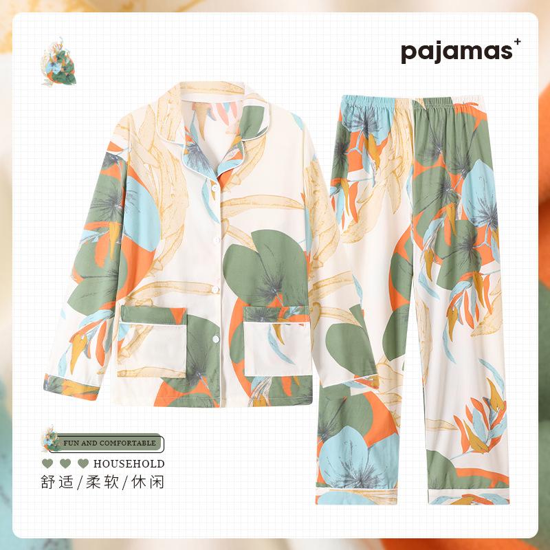 Fashion Flower Spring and Autumn Mom Loose Large Size Homewear Casual Imitation Cotton Long Sleeve Pajamas Two-piece Set Real Shot