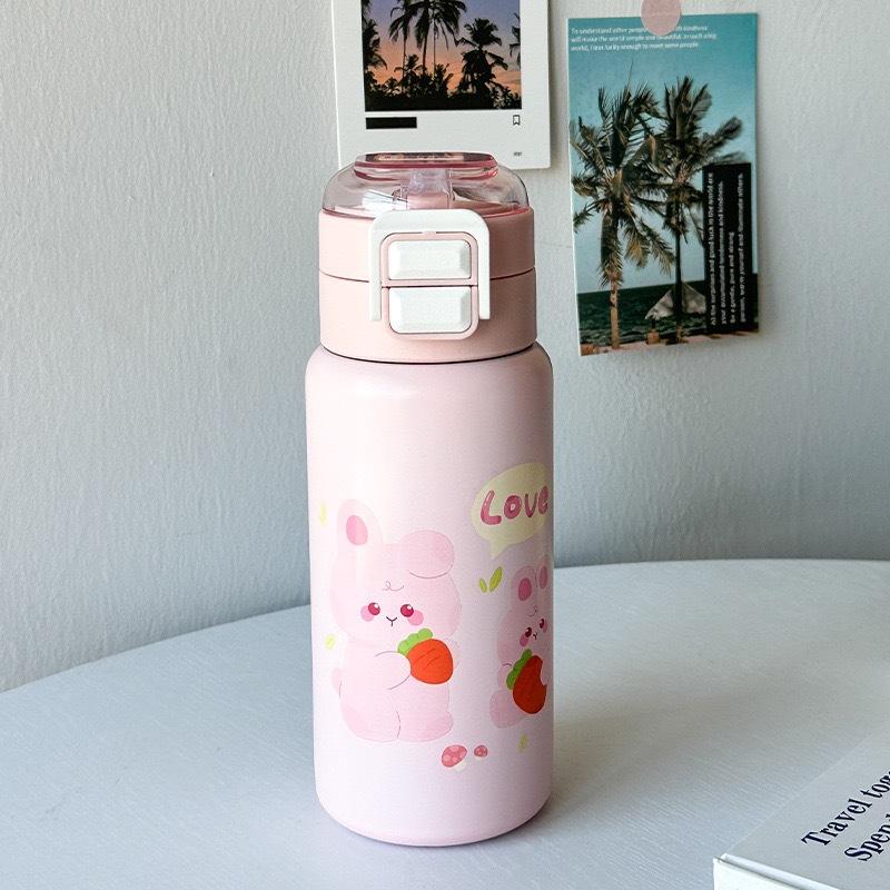 Water bottle new cute fun cartoon stainless steel thermos cup bouncing cover straw cup outdoor children's cup