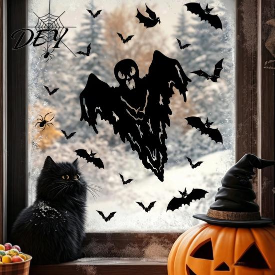 Spooky Party Decorations Halloween Static Sticker, with Witch/Ghost/Castle/Bat Horror Silhouette Patterns, Durable PVC Bat And Pumpkin Decals