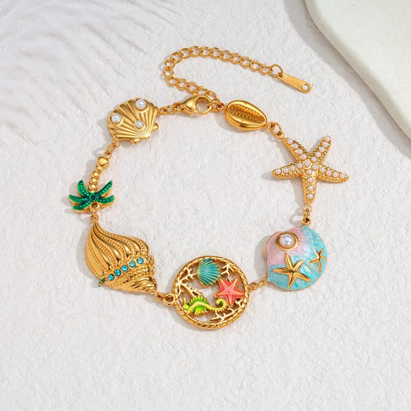 Trendy Women Multi Charms Enamel Bracelet Waterproof 18k Gold Stainless Steel Colorful Star Heart Beetle Shell Dainty Bracelets