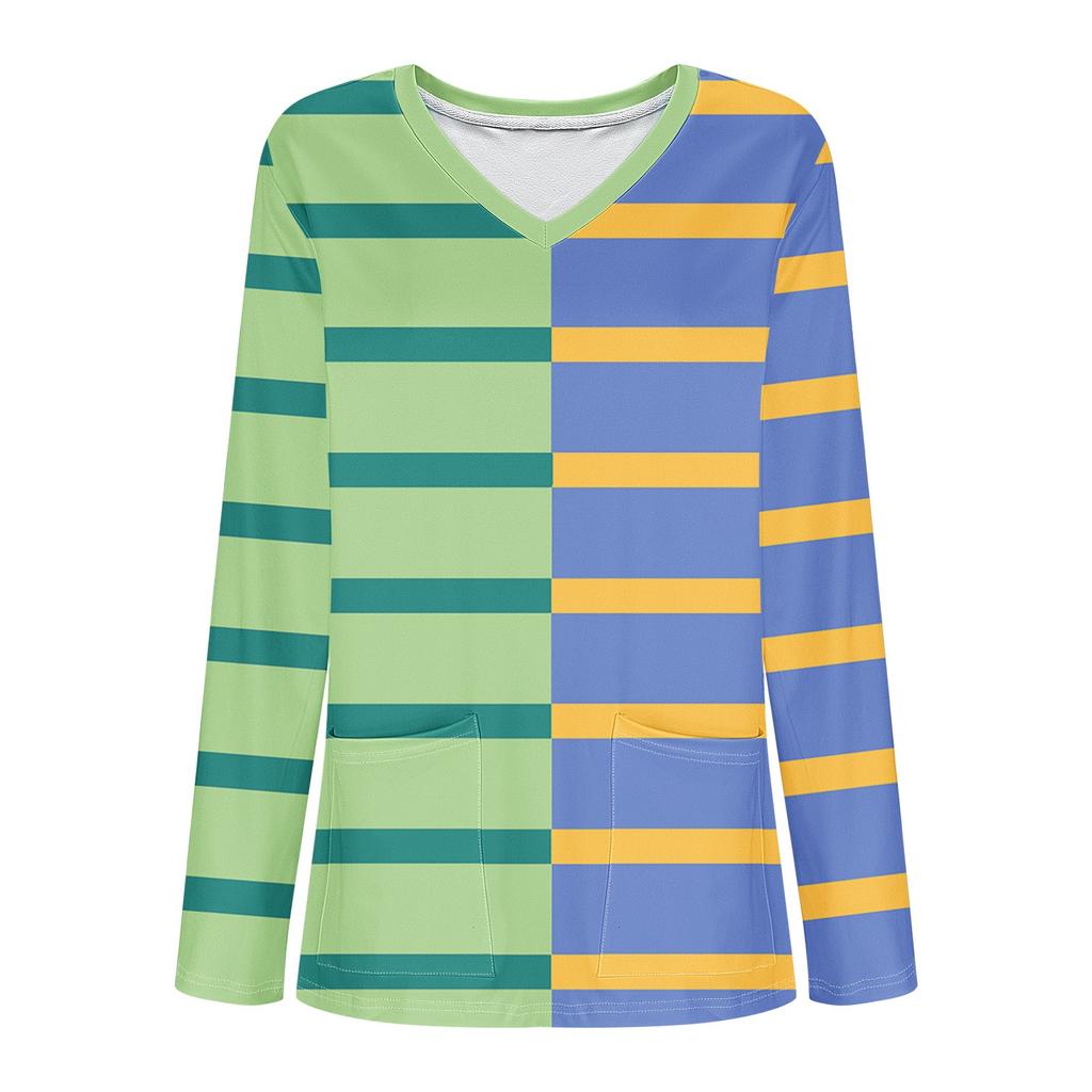 Women's Fashion V-Neck Long Sleeve Workwear With Pocket Striped Printed T-Shirt Top