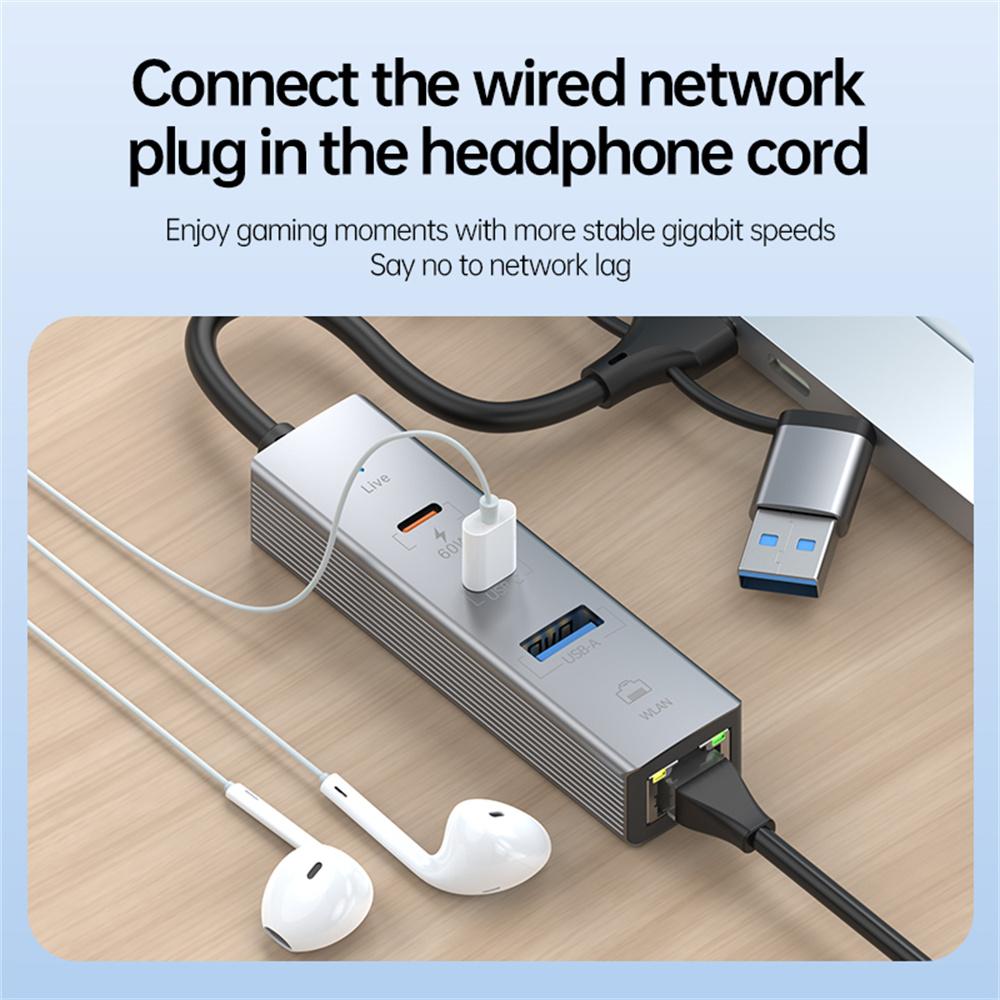 PD 60W 4 In 1 Hub Adapter iP/USB/Type-C Converter with Gigabit Ethernet/Digital Audio/Data Transfer for Laptops/PCs/Tablets/Phones