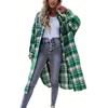 Stylish Plaid Print Womens Long Jacket - Relaxed Casual Button Front with Flap Pockets - Durable Outerwear for Everyday Fashion