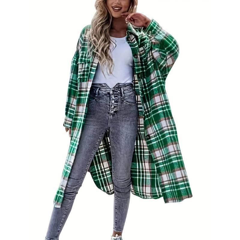 Stylish Plaid Print Womens Long Jacket - Relaxed Casual Button Front with Flap Pockets - Durable Outerwear for Everyday Fashion