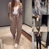 Women's O Neck Long Sleeve Loose Fit Button Front Cardigan Two Piece Outfit Drawstring Waist Straight Pants Autumn Casual Loungewear Pant Set