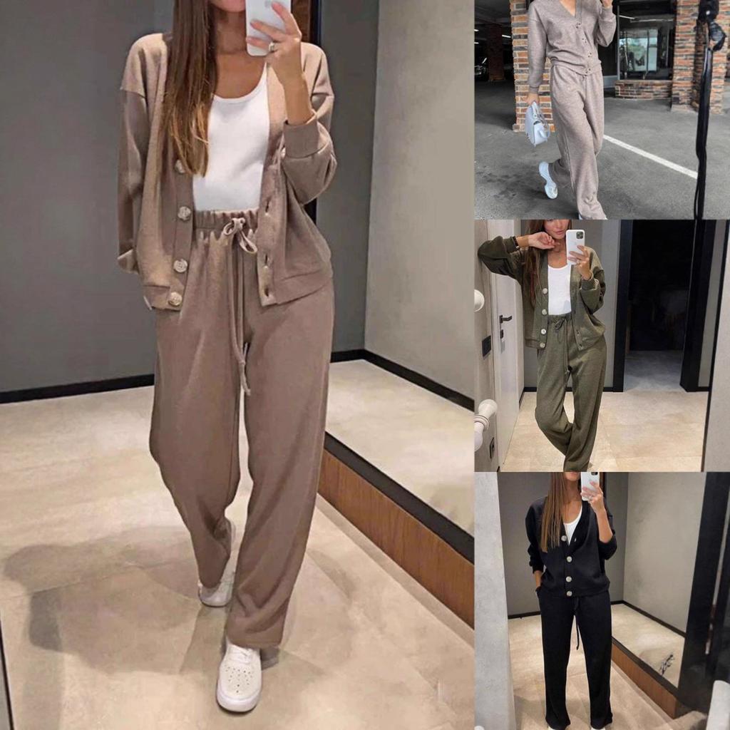 Women's O Neck Long Sleeve Loose Fit Button Front Cardigan Two Piece Outfit Drawstring Waist Straight Pants Autumn Casual Loungewear Pant Set