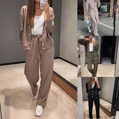Women's O Neck Long Sleeve Loose Fit Button Front Cardigan Two Piece Outfit Drawstring Waist Straight Pants Autumn Casual Loungewear Pant Set