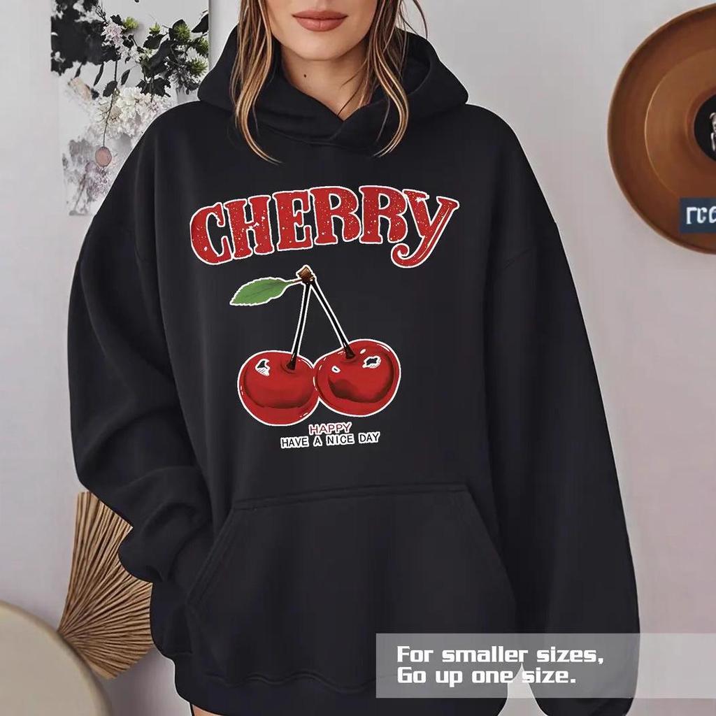 2025 European Size Cherry Lettering Hooded Sweatshirt: Casual Loose Fit, Long Sleeve, Drop Shoulder