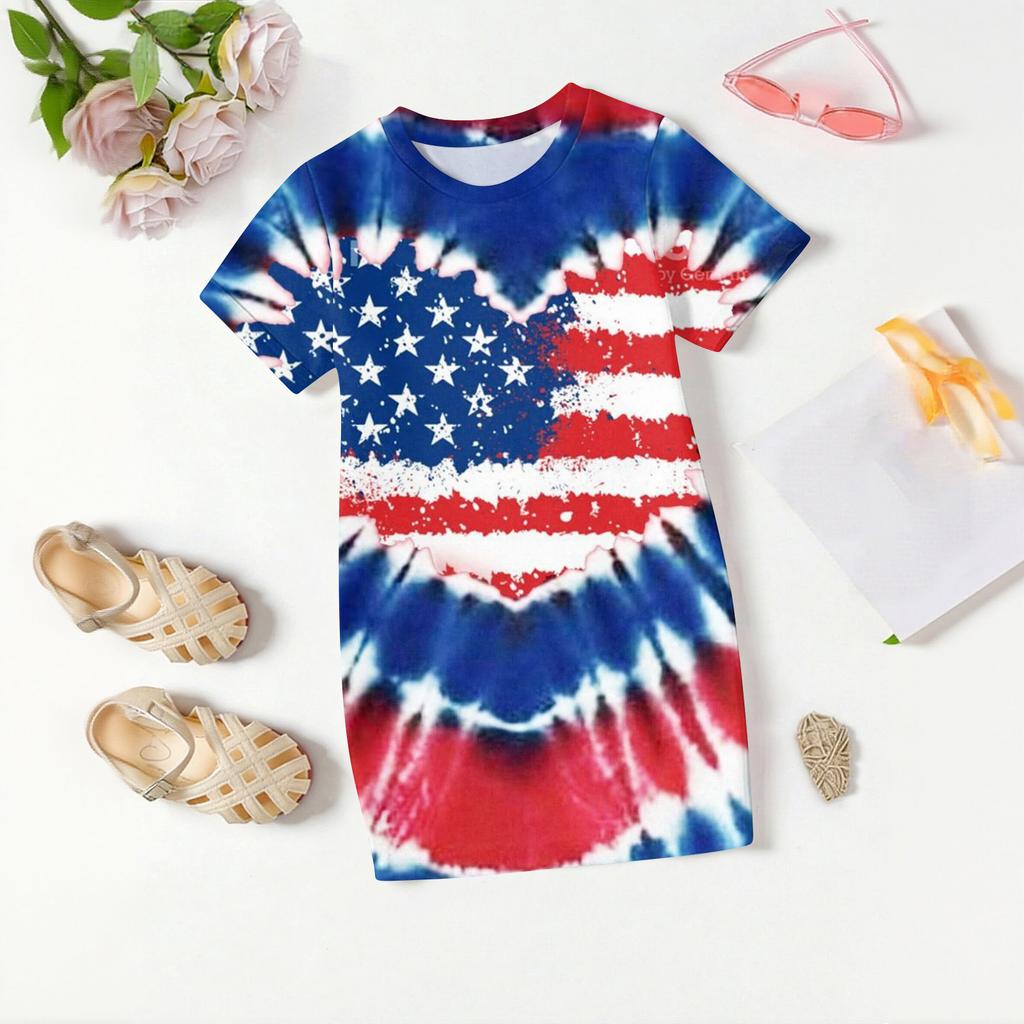 Girls Independence Day Print Casual Dress Kids Loose Round Neck Short Sleeve Thin Sundress