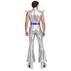 Retro 70er Disco Club Jumpsuit für Herren Flatterärmel Reißverschluss vorne Farbverlauf Pailletten Oberteil Schlaghosen Color Block Unitard Halloween