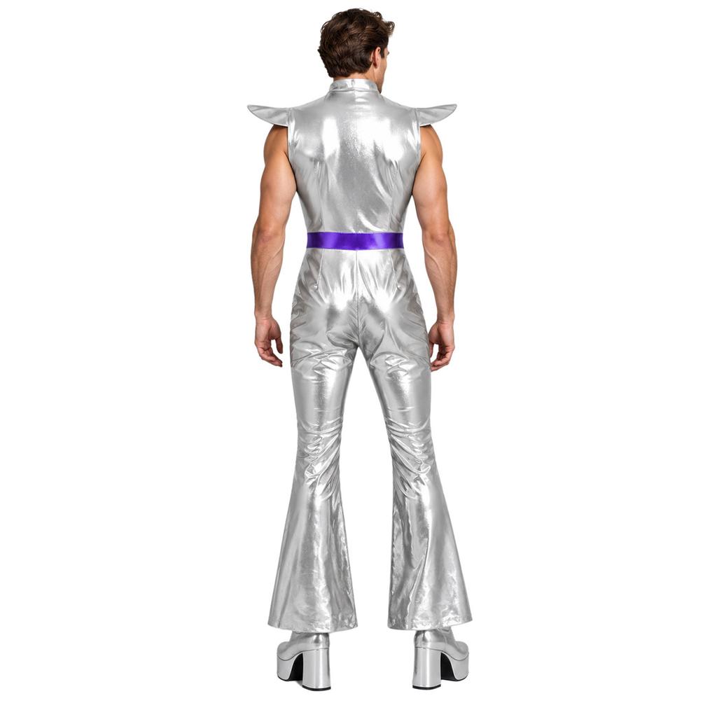 Retro 70er Disco Club Jumpsuit für Herren Flatterärmel Reißverschluss vorne Farbverlauf Pailletten Oberteil Schlaghosen Color Block Unitard Halloween