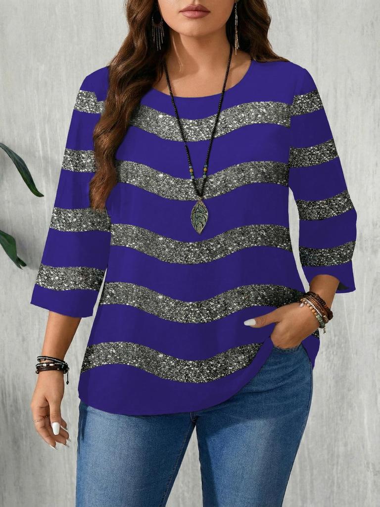 Plus Size Women's Striped Long Sleeve Round Neck Hoodie - Spring & Autumn 2026 Collection